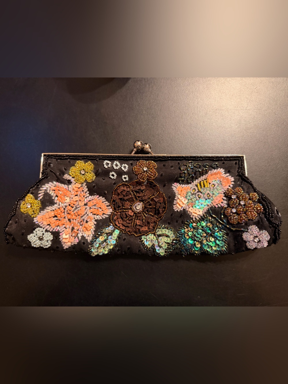 Beaded Floral Sequin Evening Clutch - Black with Multicolor Embroidery - Picture 2 of 7